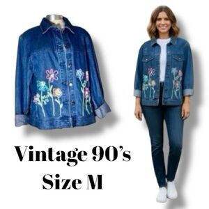 Mandal Bay Jacket Vintage 90’s Jean Denim Embroidered Floral Trucker Women’s M
